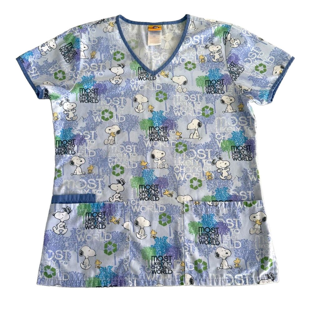 Peanuts Women's XS Snoopy and Woodstock Scrub Top Vneck Medical Hospital